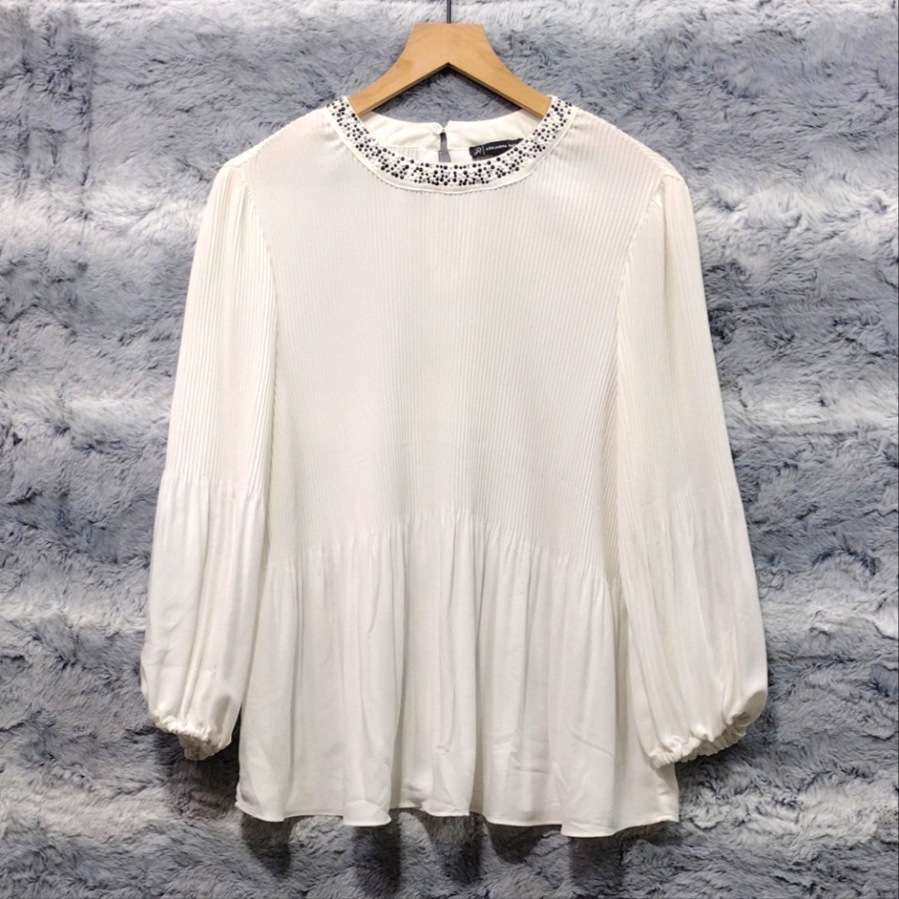 Andriana Papell Pleated Shirt With Studs Womens L White Babydoll Lagenlook Retro